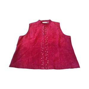 Elisabeth Magenta Pink Suede‎ Leather Beaded Vest Plus Size 2X Ribbed Knit Back